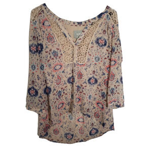 Maeve Anthropologie Floral Crochet Sheer Blouse 3/4 Sleeve Size 2